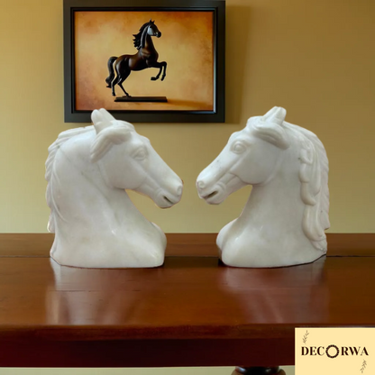 Antique White Marble Horse Head Sculpture ( Pair )